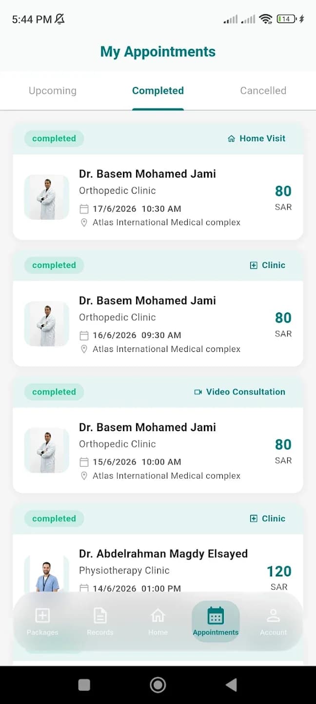 Atlas Clinics appointment history screen